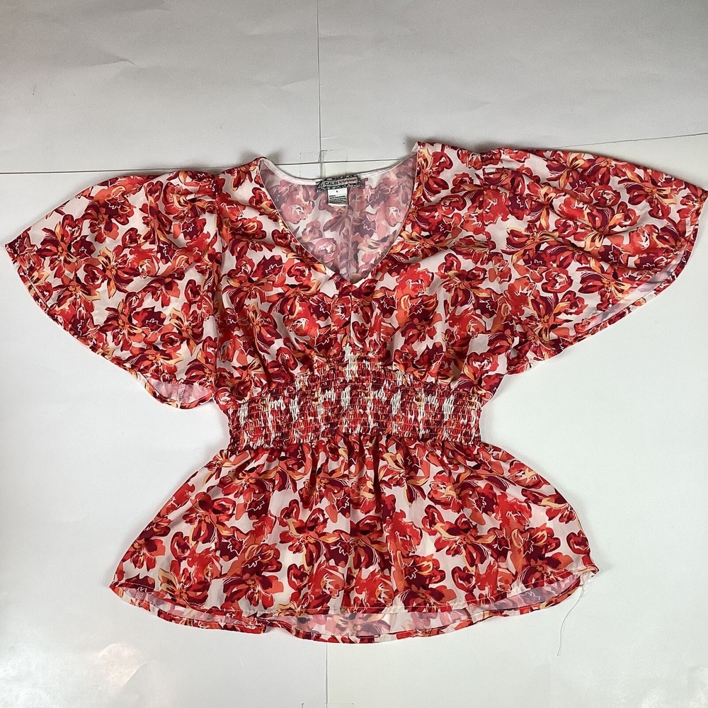 A. Calin Womens Blouse Shirt Top Size L Large Comfort Short Sleeve Unique Floral